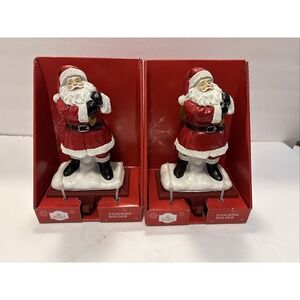 Two Santa With Sack Holiday Painted Heavy Weight Christmas Stocking Holders